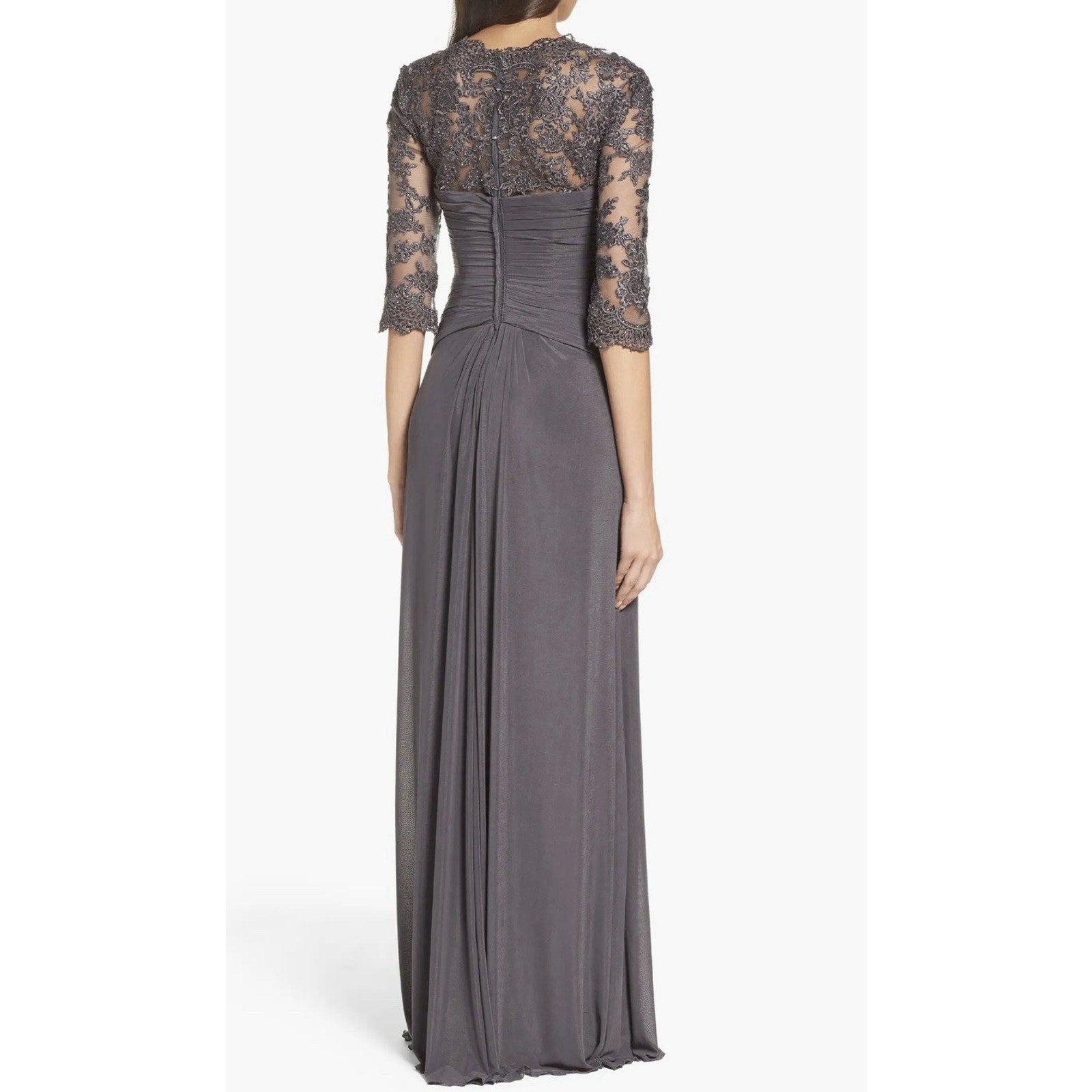 La Femme Jersey Gown with Knot Detail and Lace Sleeves New Size 12 $515 MSRP