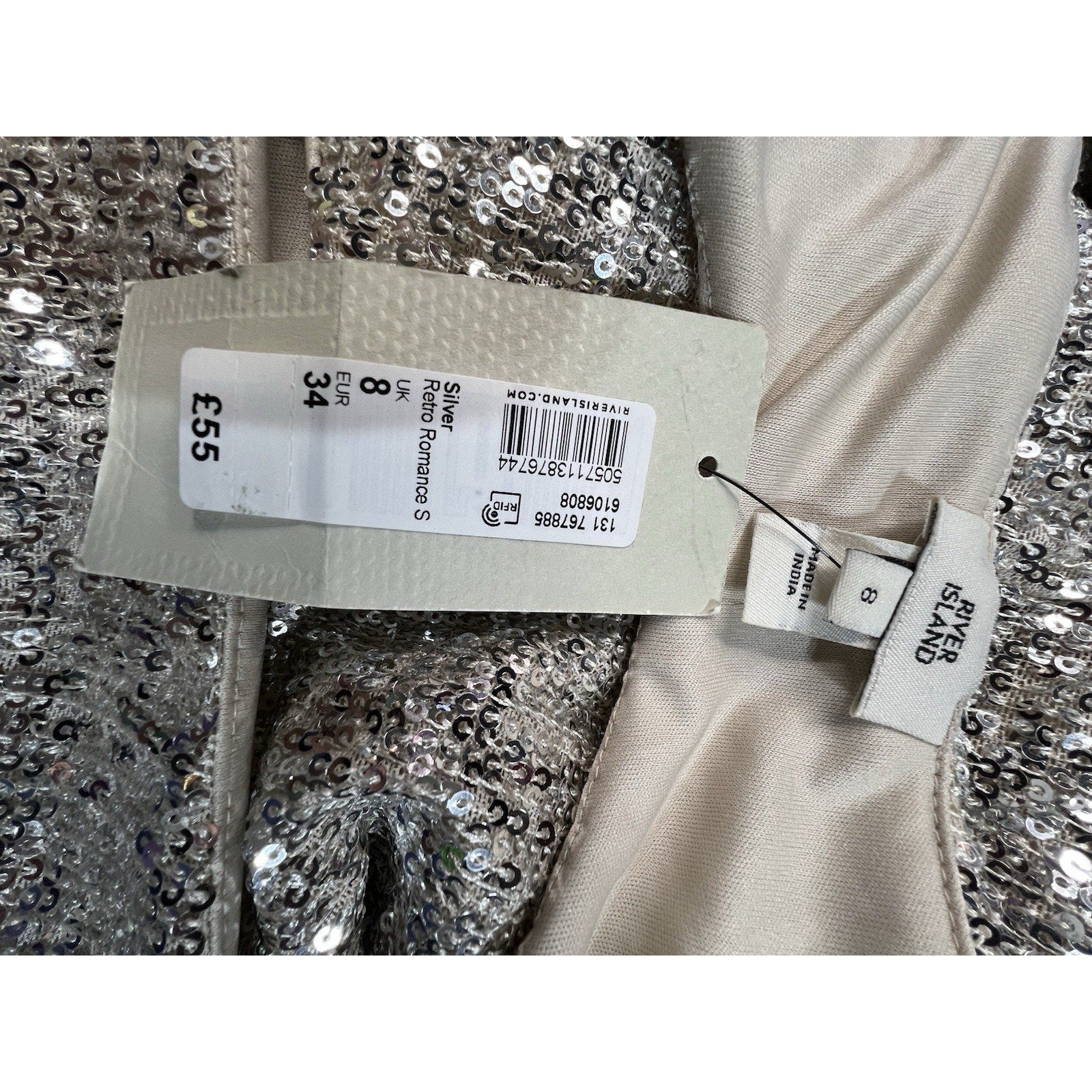 River Island Silver Sequin Dress Women’s Size 8 NWT