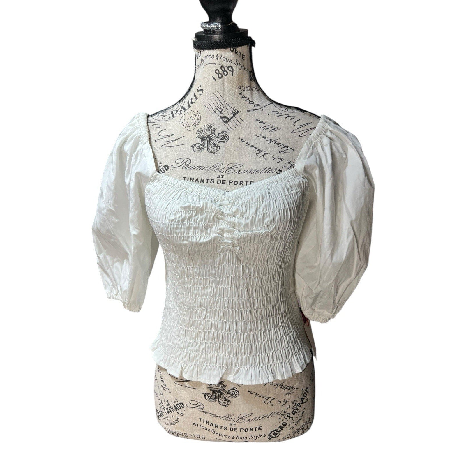 Open Edit Smocked White Cropped Top Women’s Shirt Size S