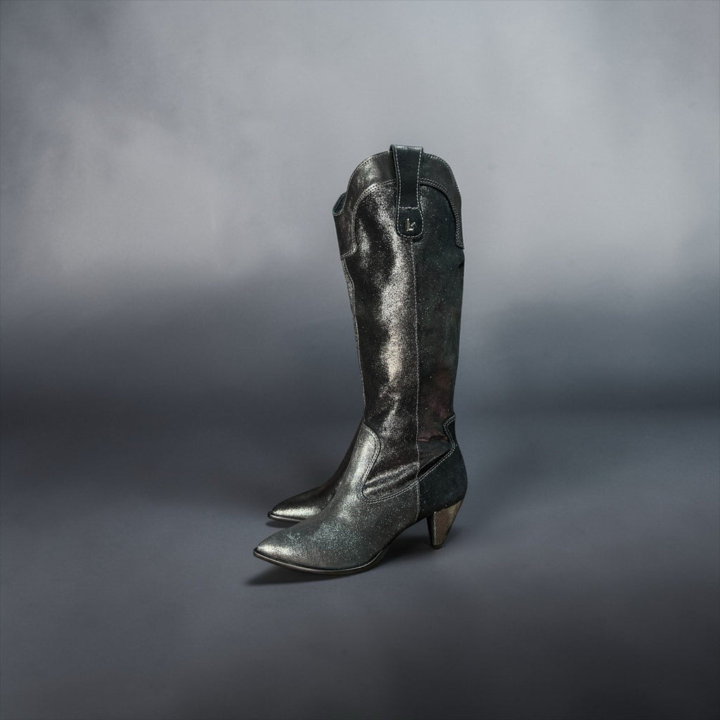 Larroude Louise Boots in Shine Graphite Metallic Suede Leather Size 8.5
