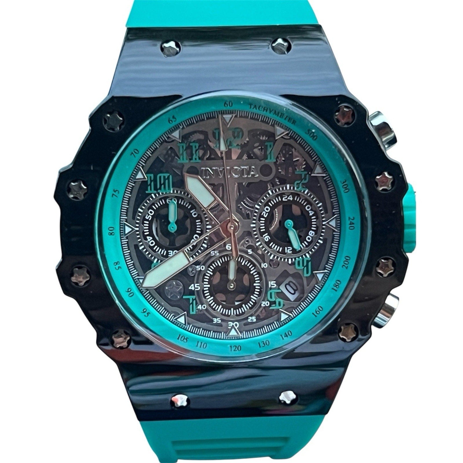 Invicta Racing model 69687 wristwatch Teal Silicone Band And Black Face 40 MM