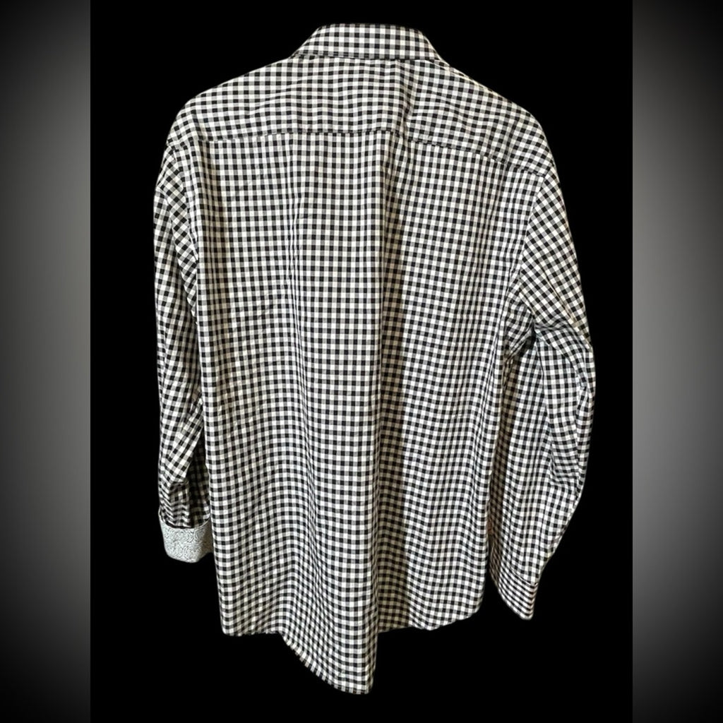 Bugatchi Uomo Black & White Checkered Button-Up – Men’s 16.5, Flip Collar,
