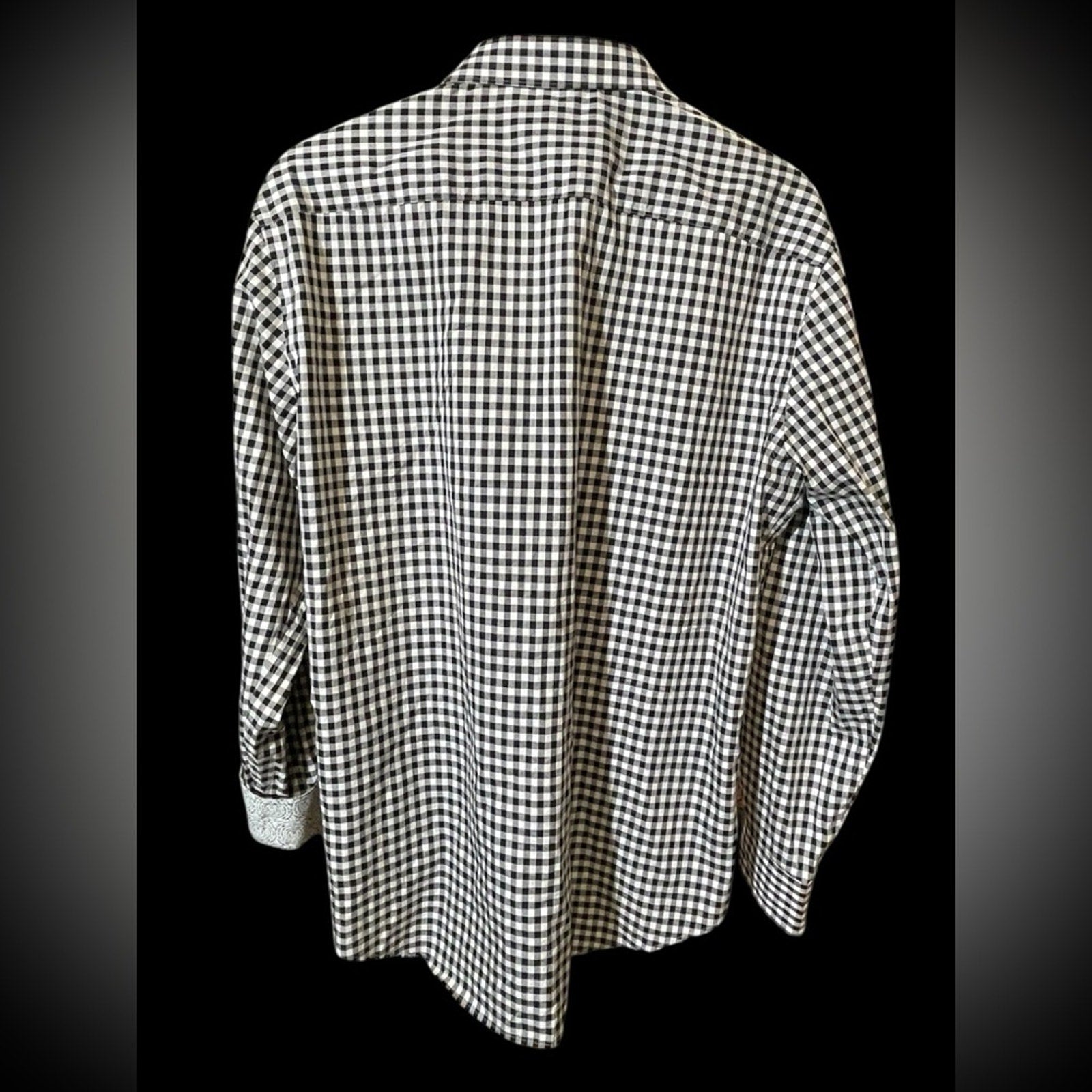 Bugatchi Uomo Black & White Checkered Button-Up – Men’s 16.5, Flip Collar,