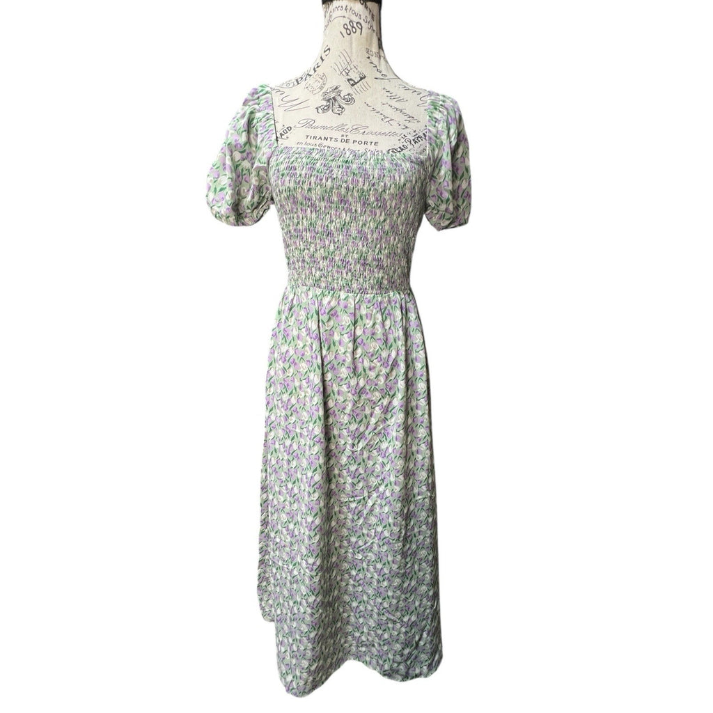 Lush floral print puff sleeve smocked square neck midi dress Size M