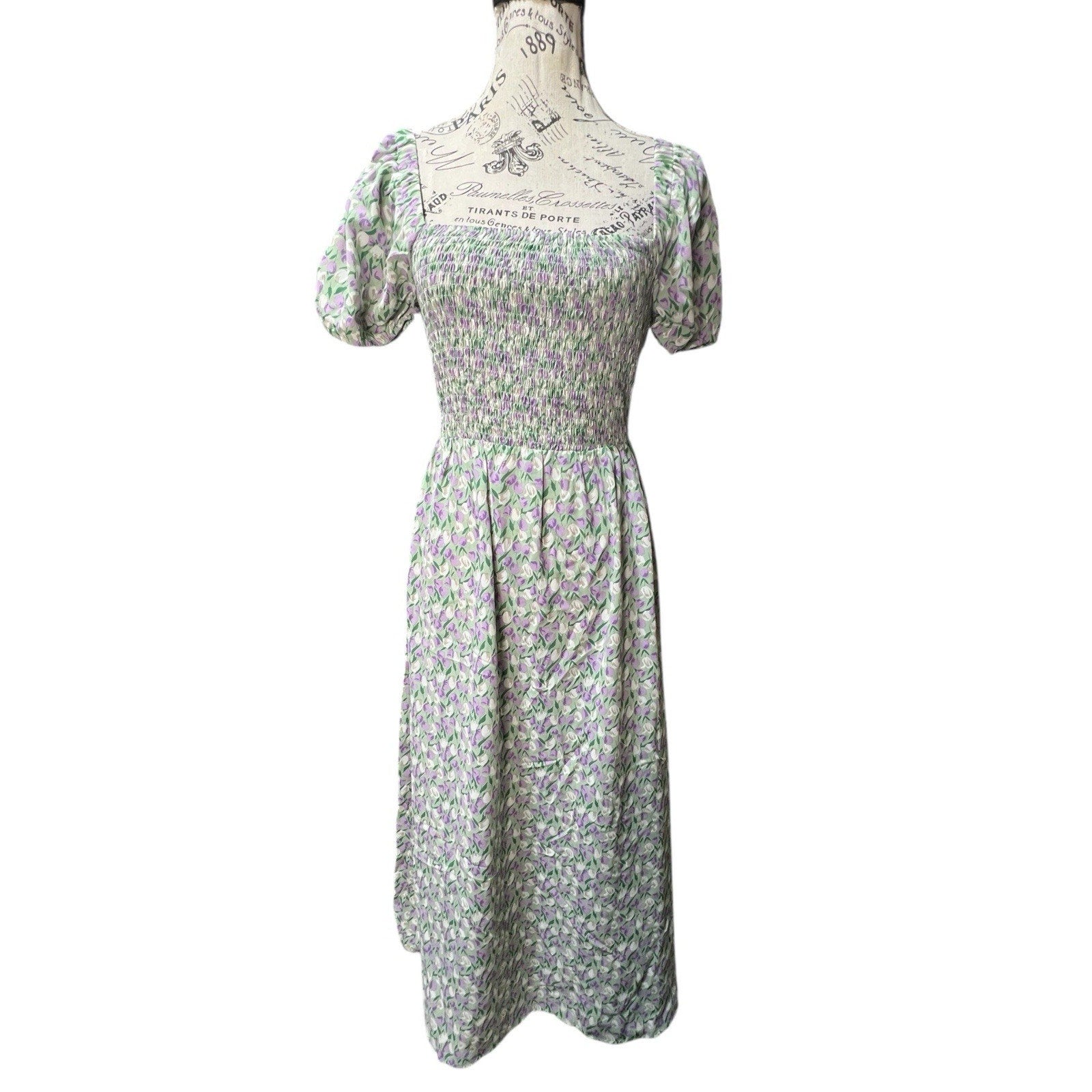 Lush floral print puff sleeve smocked square neck midi dress Size M