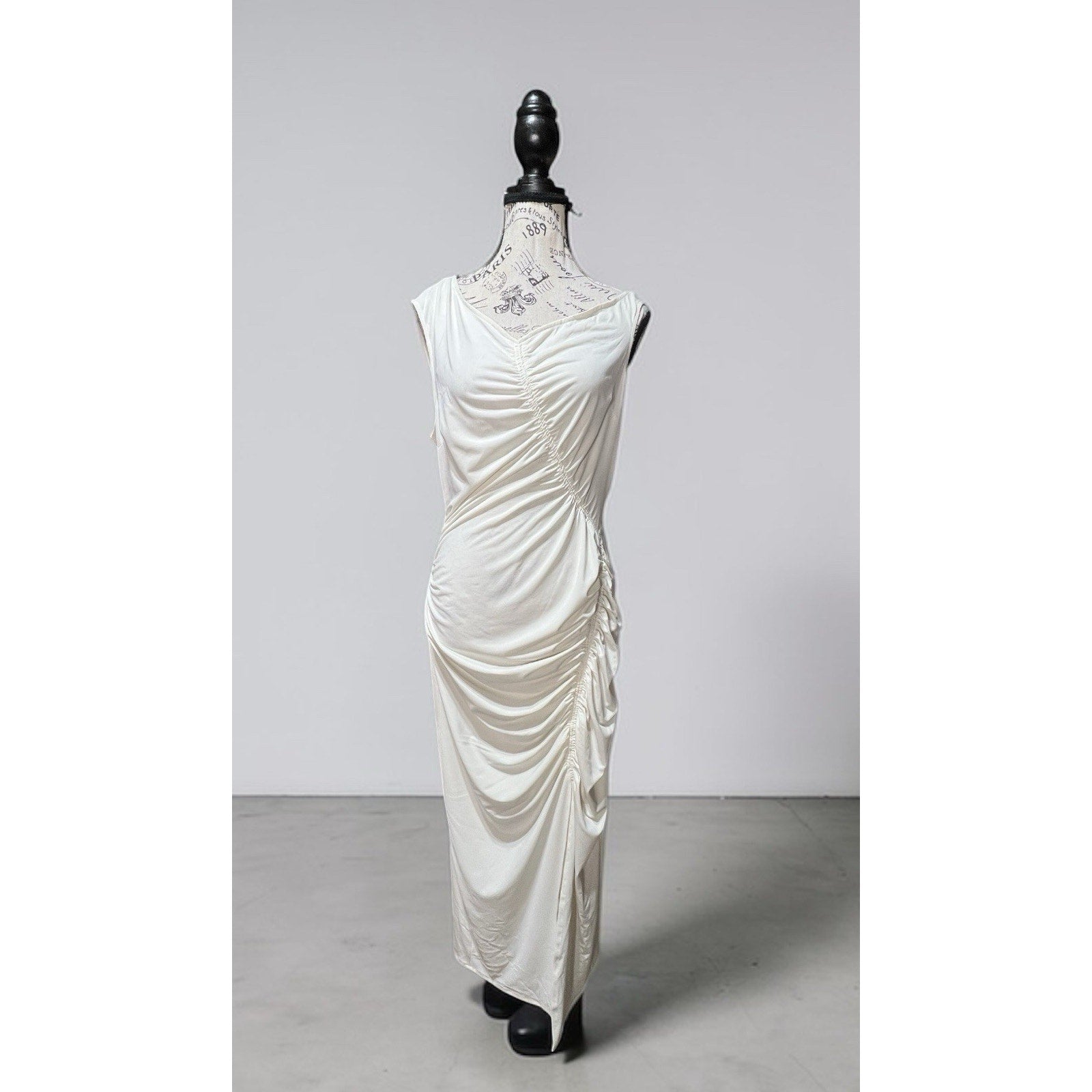 Self Portrait Asymmetrical Ivory Ruched Midi Dress Size 8 NWT MSRP $499