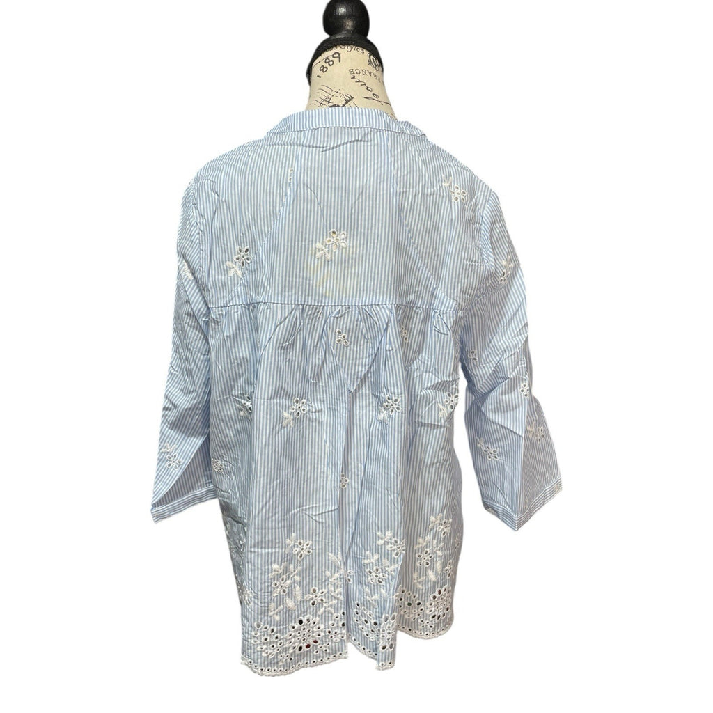 Hayden Los Angeles Size Large Cotton Blue & White Striped Floral Embroidery Top