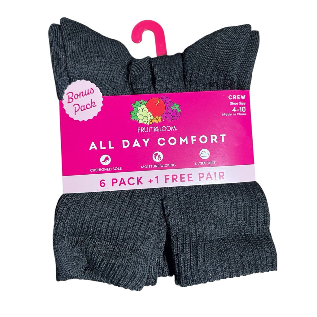 Fruit Of The Loom All Day Comfort Black Crew Socks Pack Of 7 Pairs Size 4-10