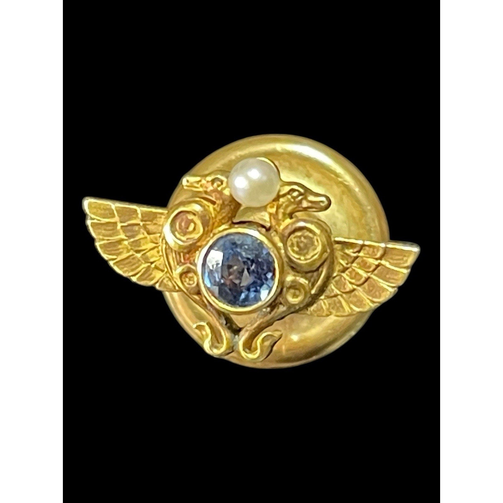 Antique 14k Yellow Gold Double Swan Lapel Tack with Blue Topaz and Pearl”