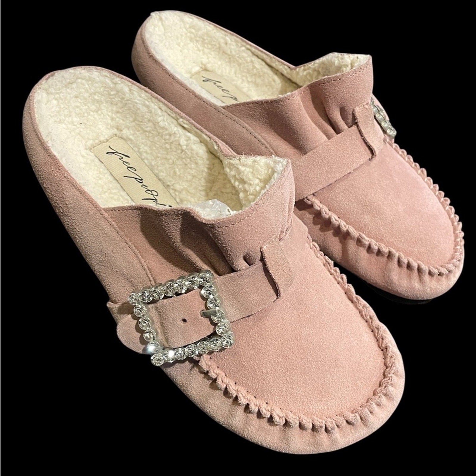 Free People Pink Suede Loafers with Rhinestone Buckle NWOT Size 7.5