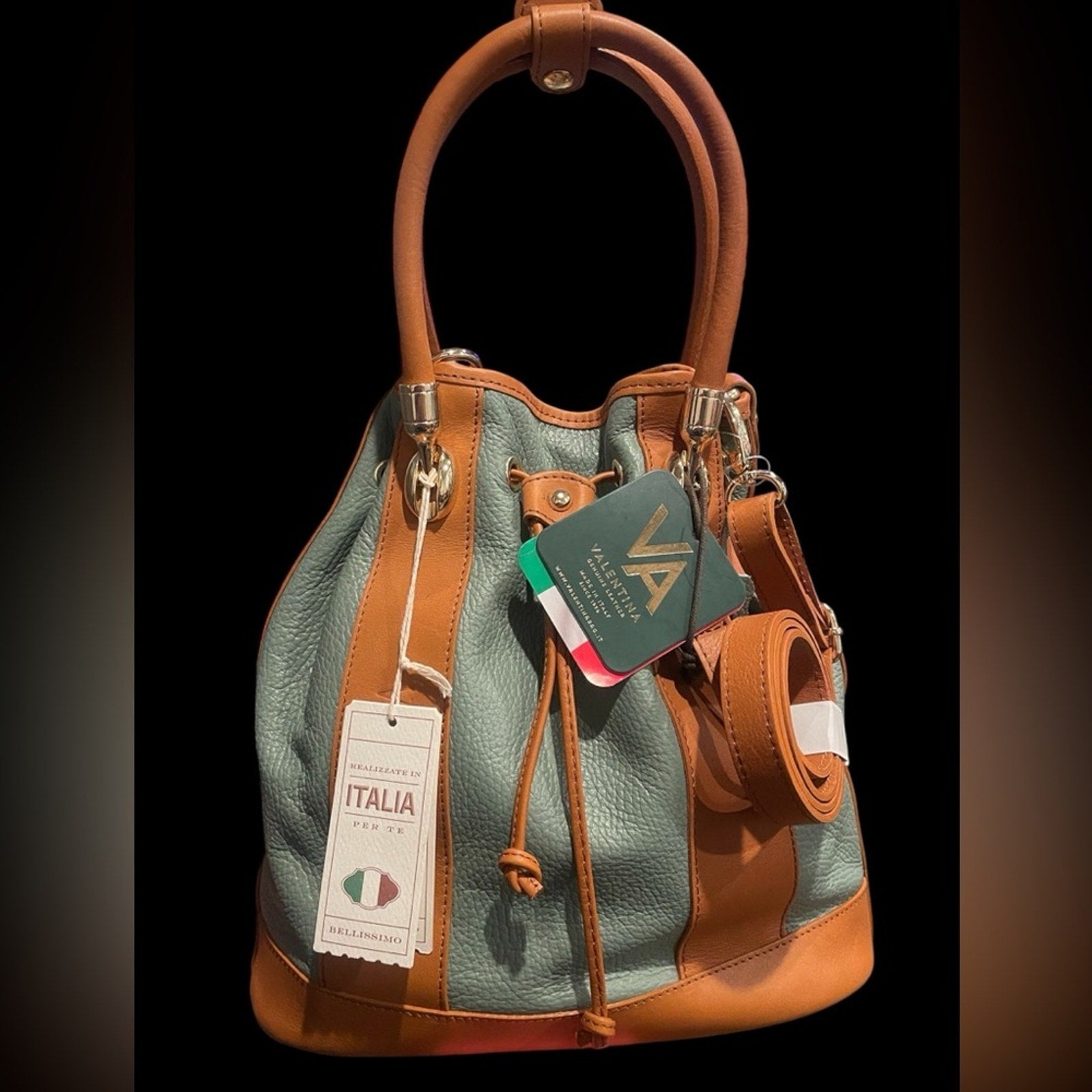 Valentina Minty Olive Green and Tan Leather Bucket Bag with Strap NWT