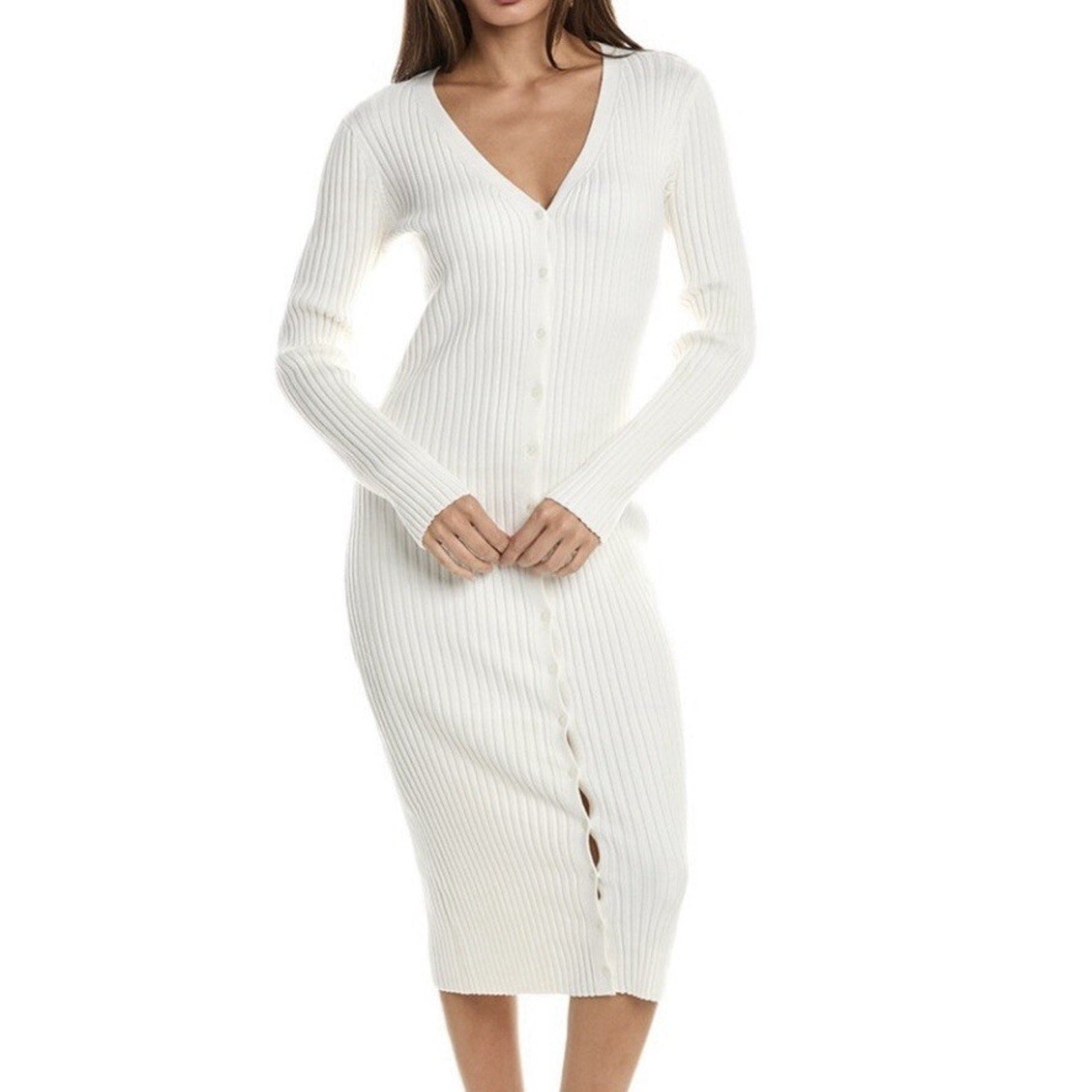 525 America Revolve Ivory Ribbed Fitted Midi Dress - New with Tags Sz S
