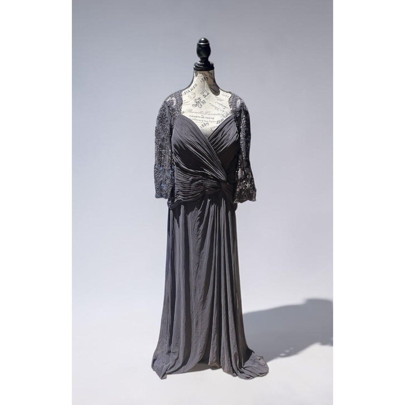 La Femme Jersey Gown with Knot Detail and Lace Sleeves New Size 12 $515 MSRP