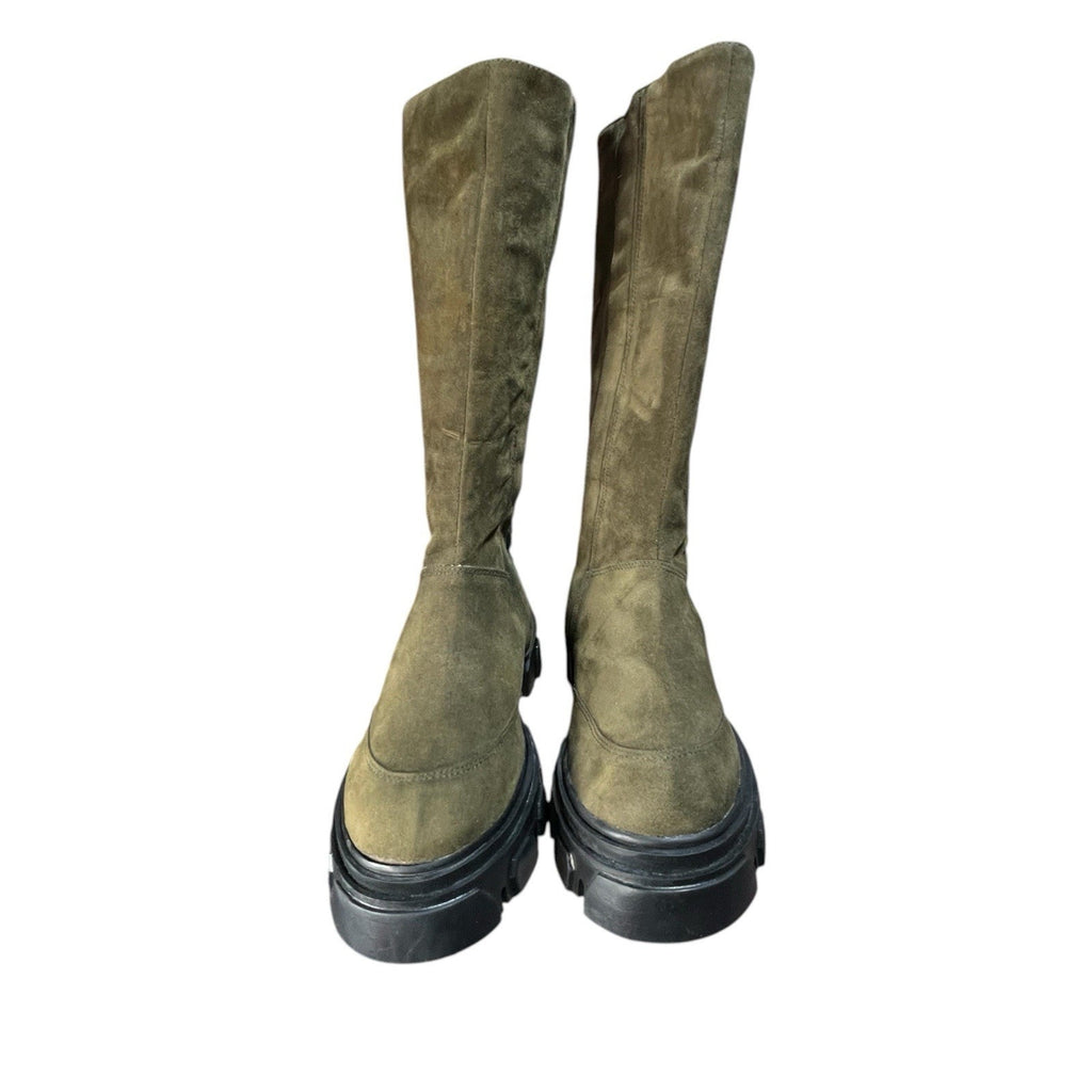 Farm Rio Army Green Suede Tall Shaft Boots featuring a chunky lug soleUS 7 EU 38