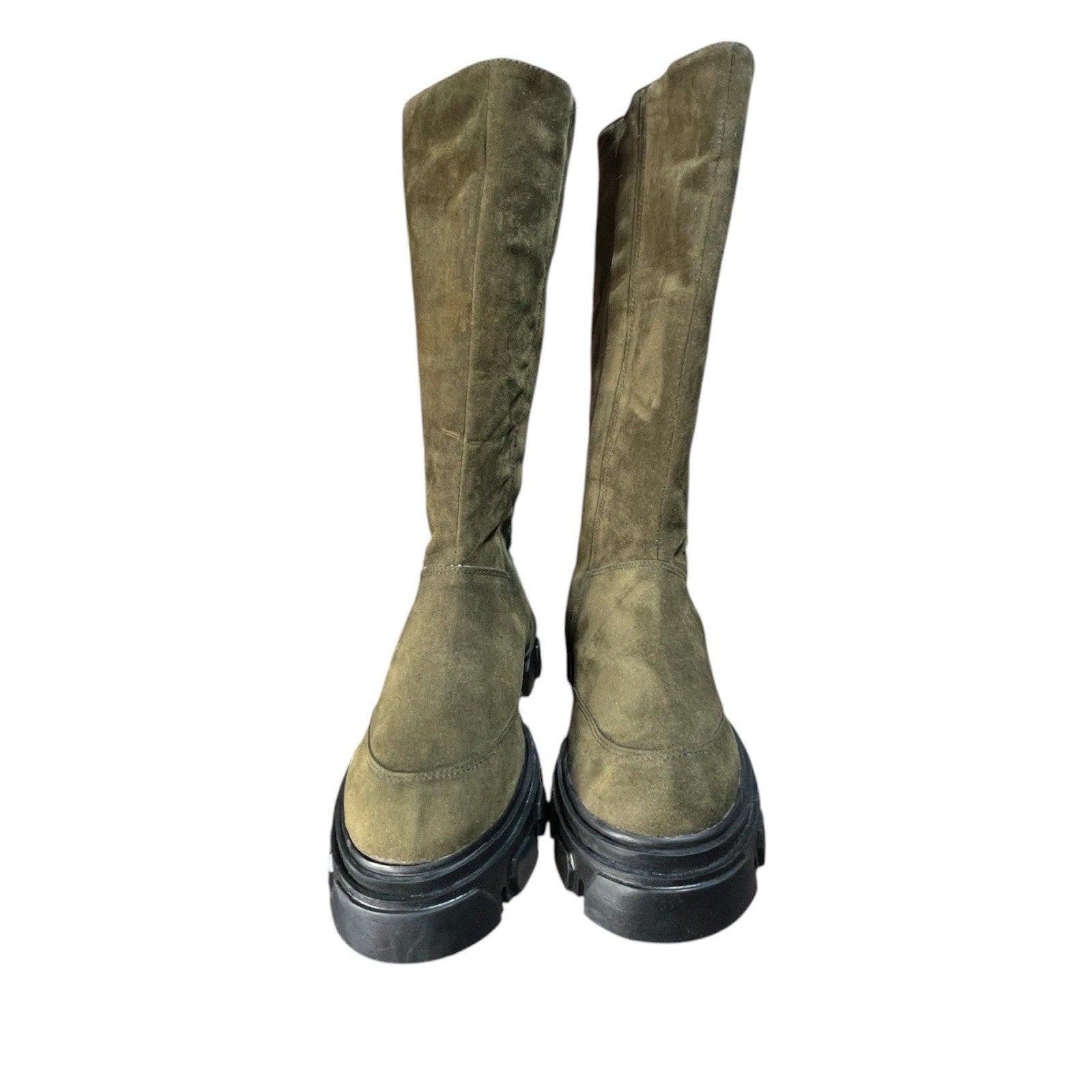 Farm Rio Army Green Suede Tall Shaft Boots featuring a chunky lug soleUS 7 EU 38