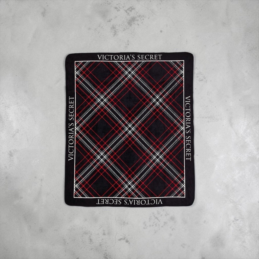 Victoria's Secret Cozy-Fleece Blanket Black Plaid W/ Sherpa Lining New