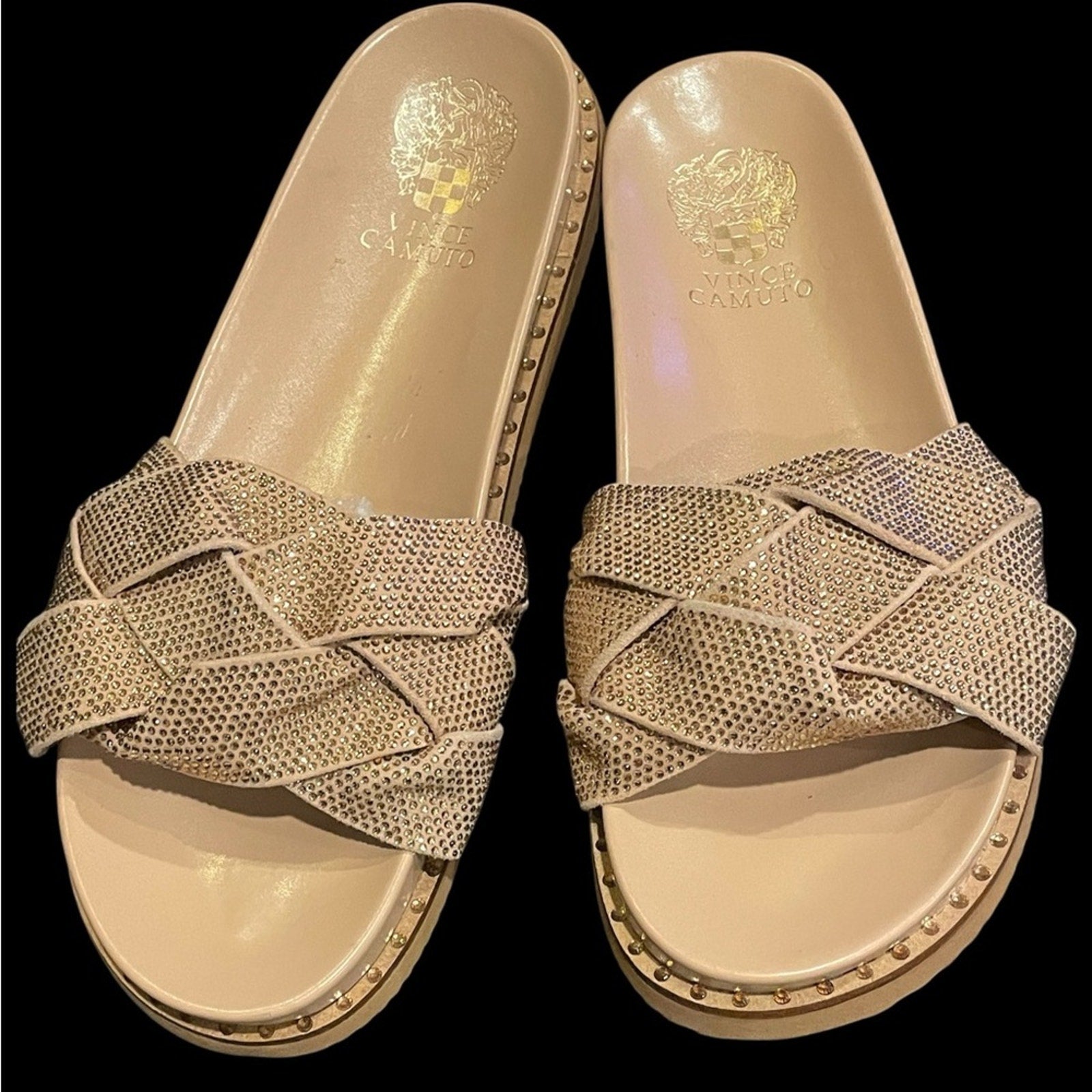 Vince Camuto Women's Tan with Gold Rhinestone Slide Sandals NWOT Size 8