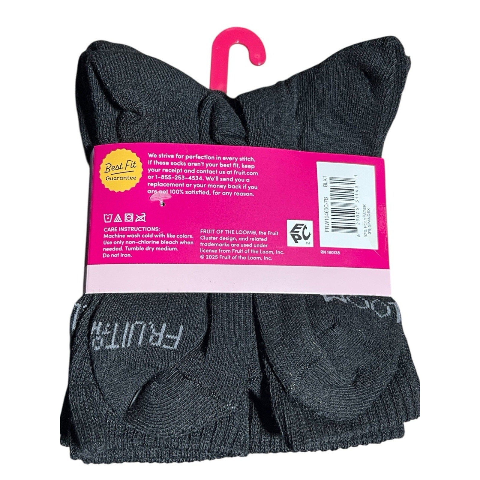 Fruit Of The Loom All Day Comfort Black Crew Socks Pack Of 7 Pairs Size 4-10