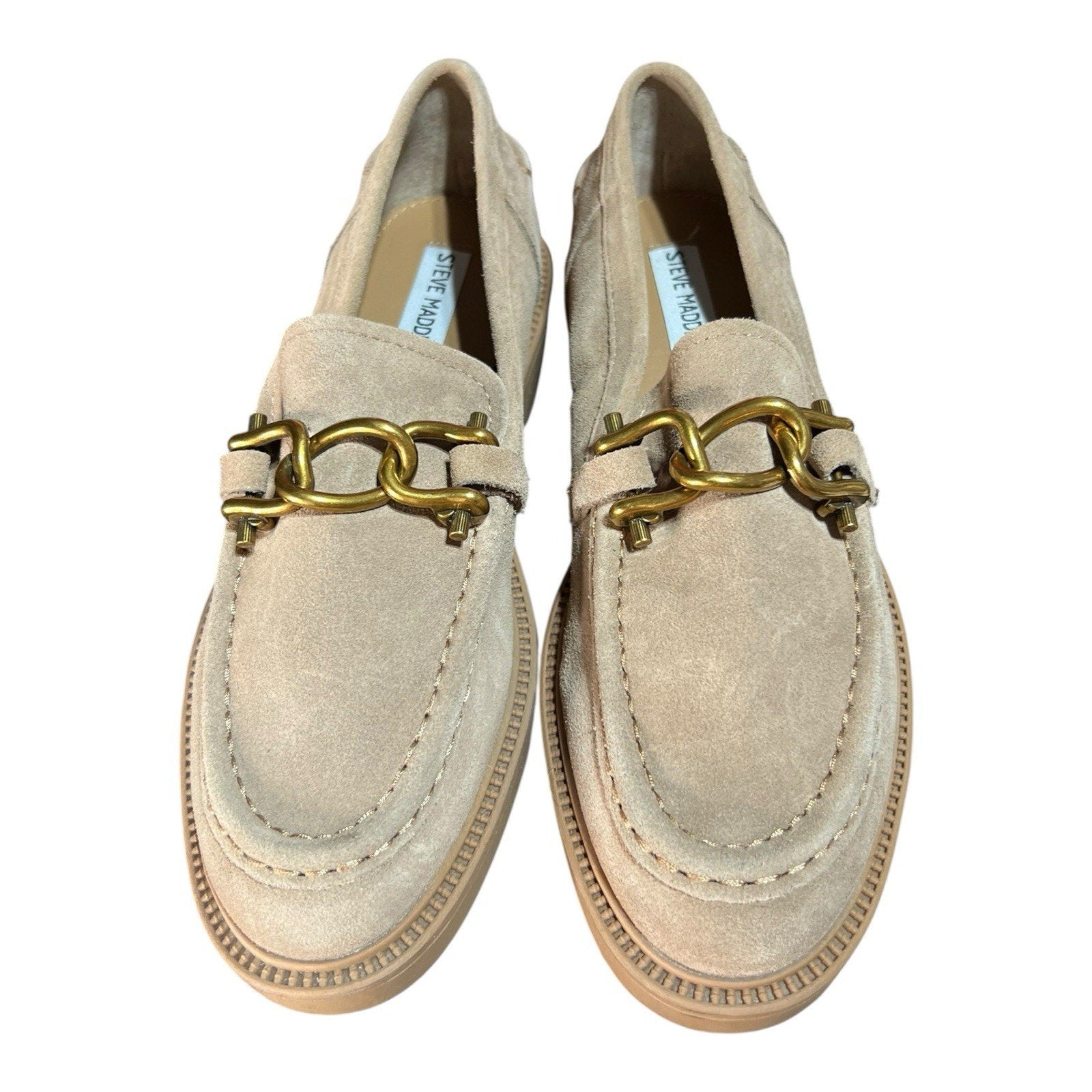 Steve Madden Karmine Suede Loafers Tan With Gold Chain Size 9M