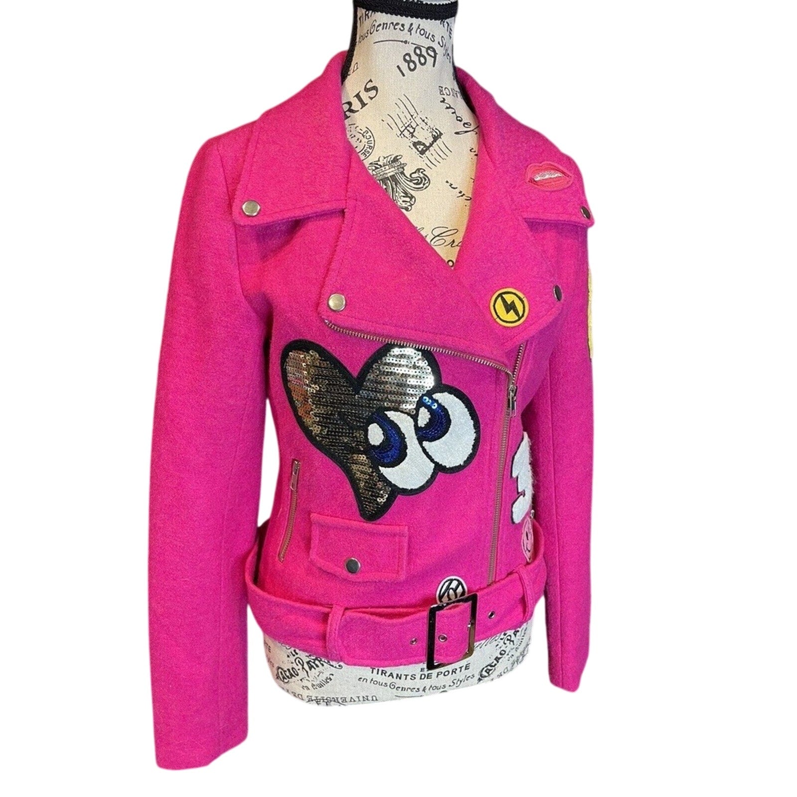 Signature Eight Wool Blend Hot Pink Moto Fashion Jacke‎ Women's Size M